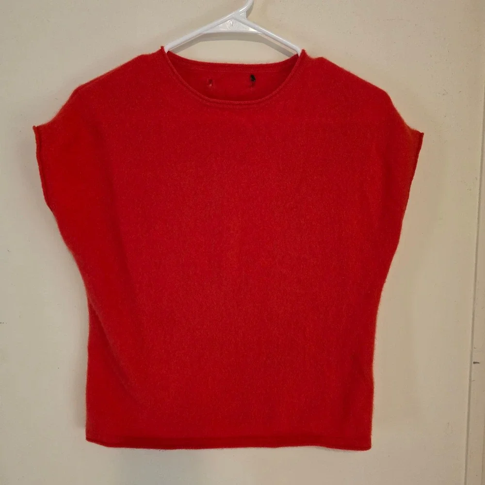 Womens 100% Cashmere Sweater Size Small Orange Short Sleeve Roll Neck Luxury